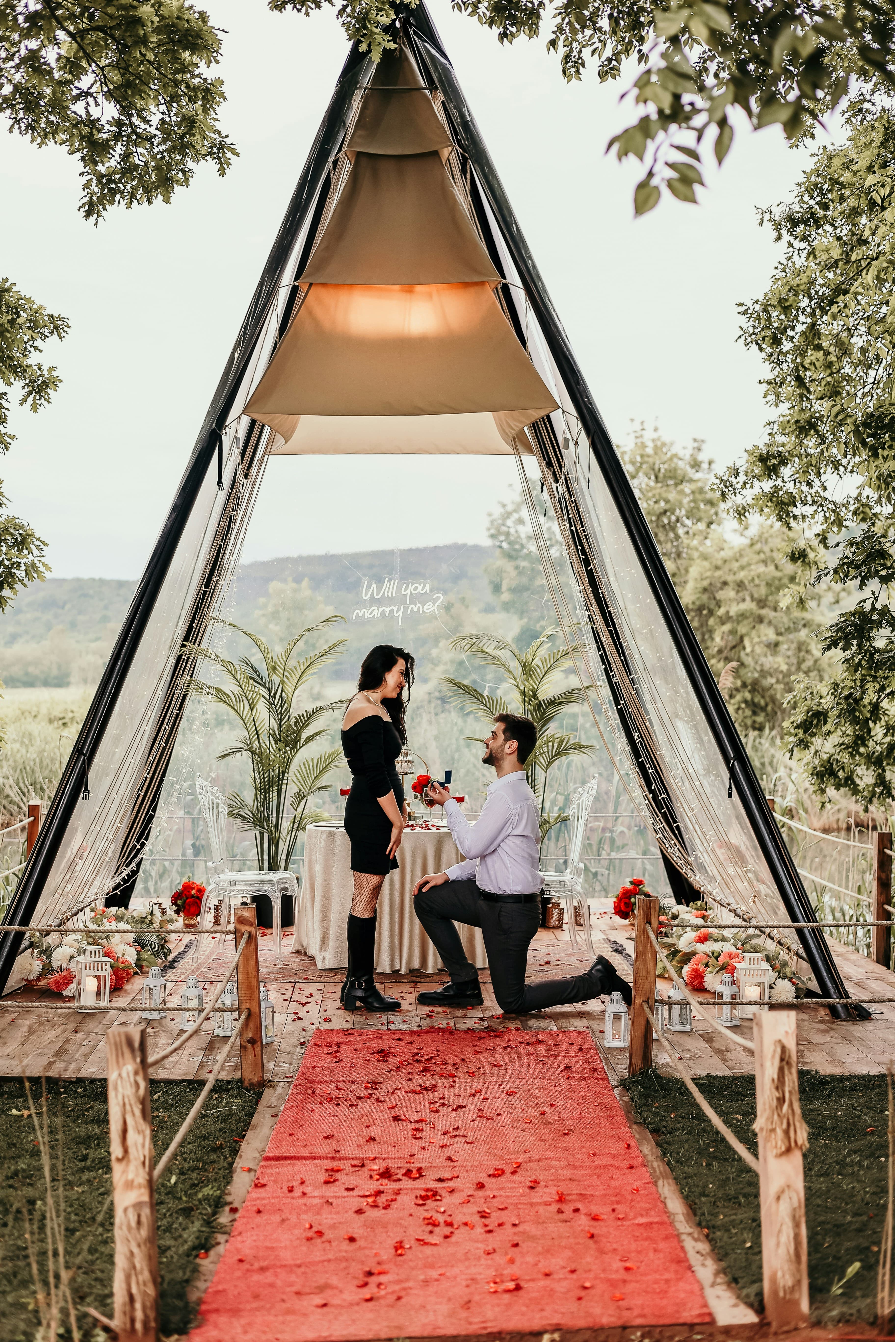 Marriage proposal under a decorated canopy